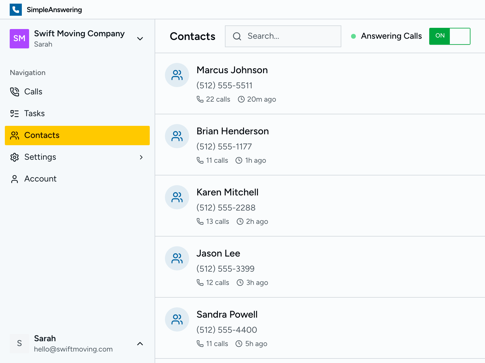 Detailed view of a moving inquiry call showing collected information about the move
