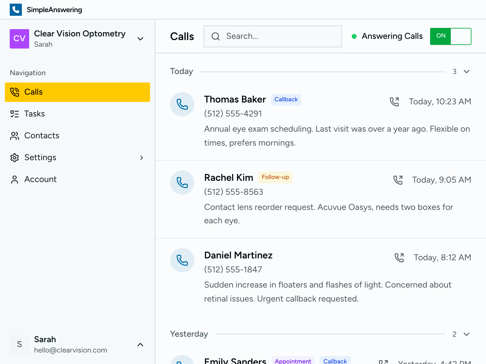 Dashboard showing all patient calls with summaries