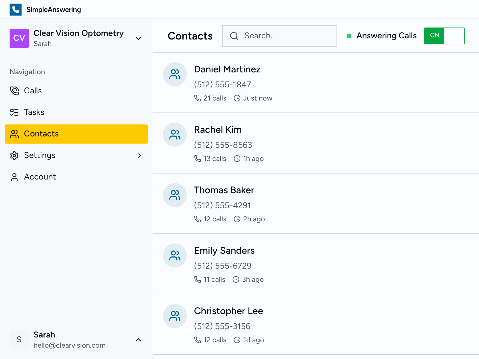 Contact list showing captured patient information