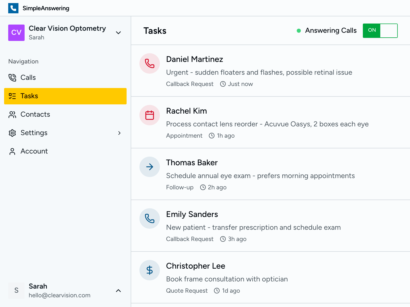 Task list showing appointment requests organized by priority