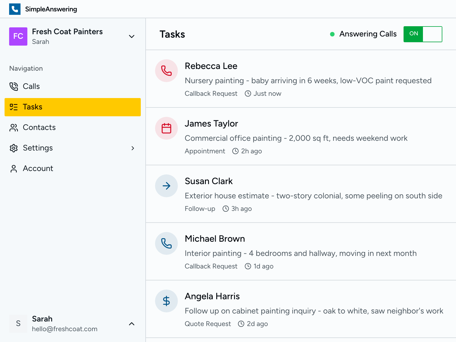 Task list showing follow-up actions for painting leads