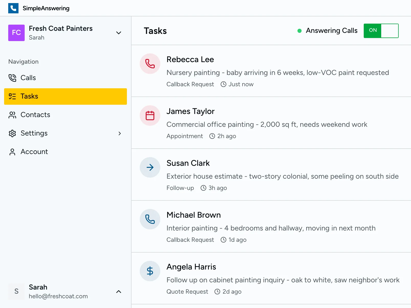Task list showing follow-up actions for painting leads
