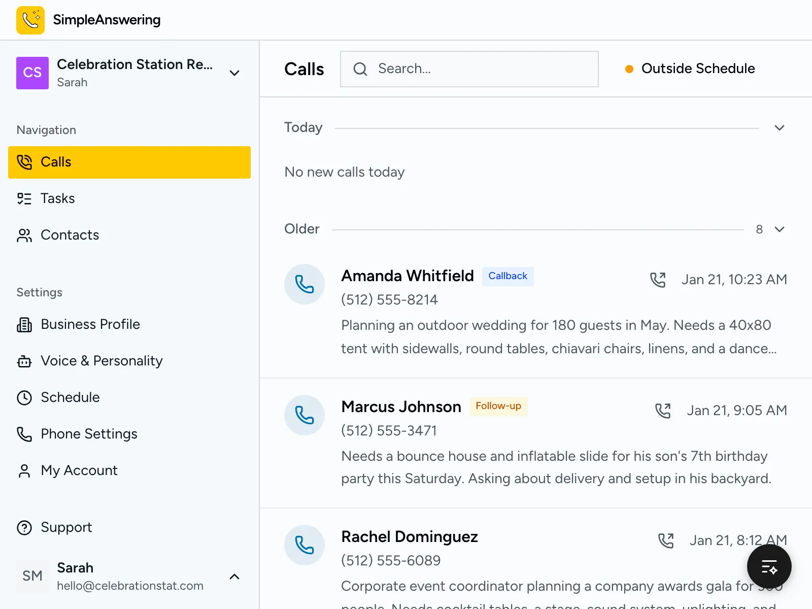 Calls dashboard showing party and event rental inquiries with guest counts and event details