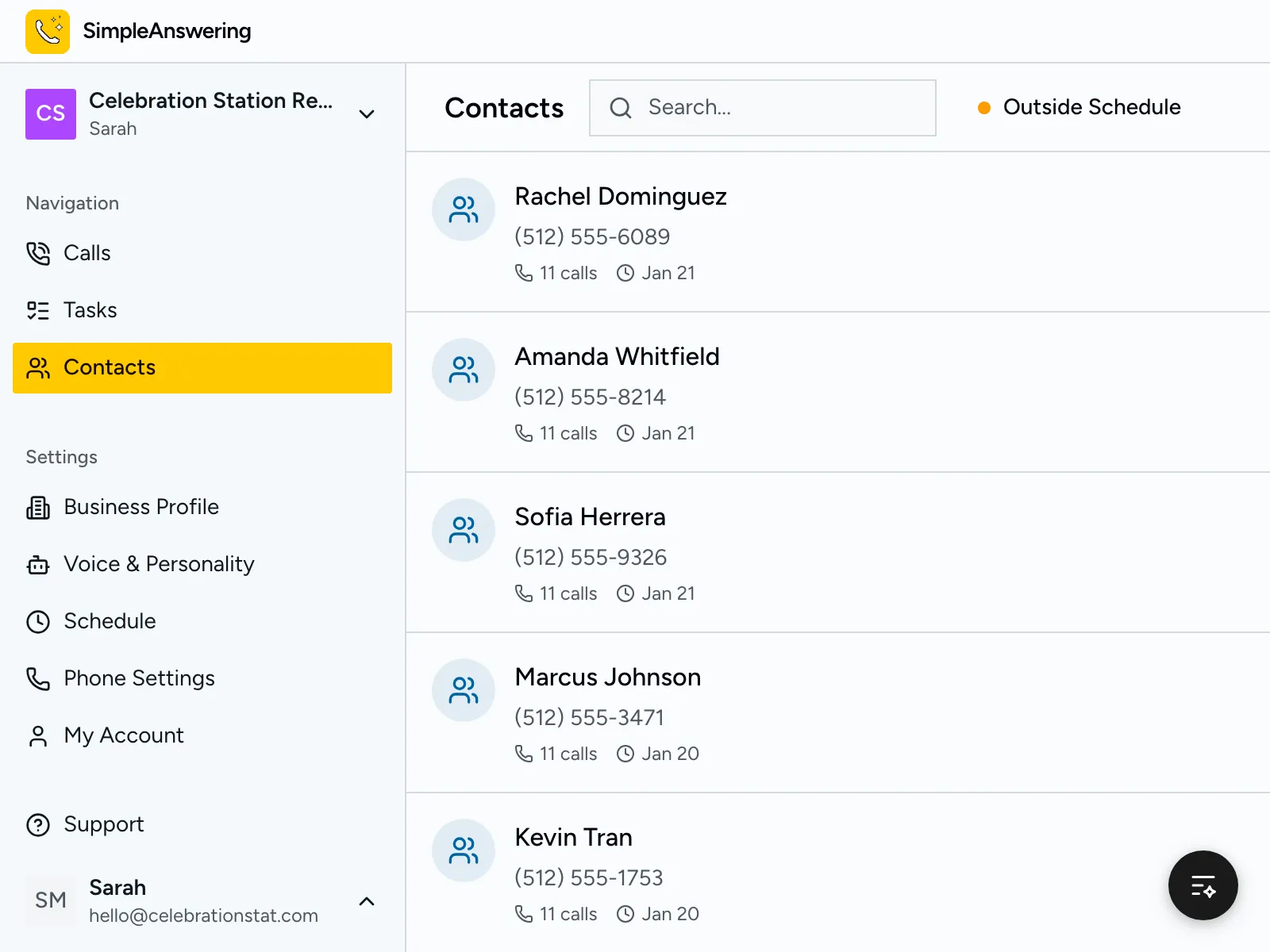 Contact list showing event planners, brides, and party hosts with rental history