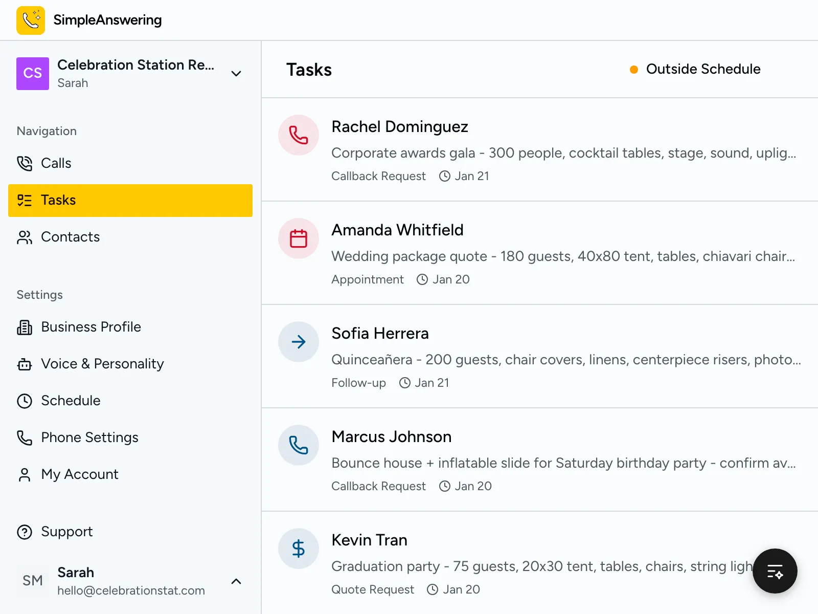 Task list showing wedding quotes and party rental bookings prioritized by urgency