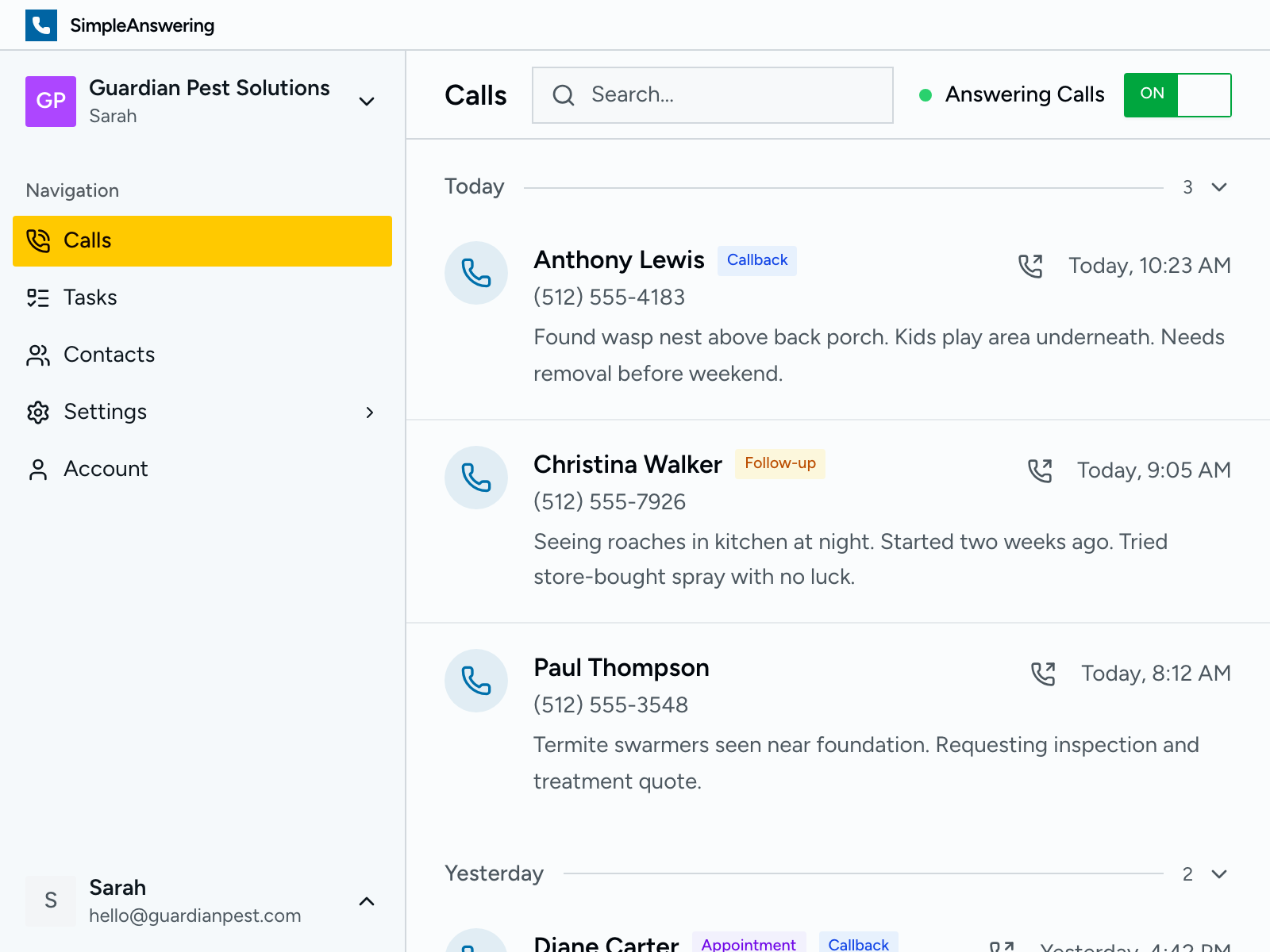 Calls dashboard showing recent calls with summaries