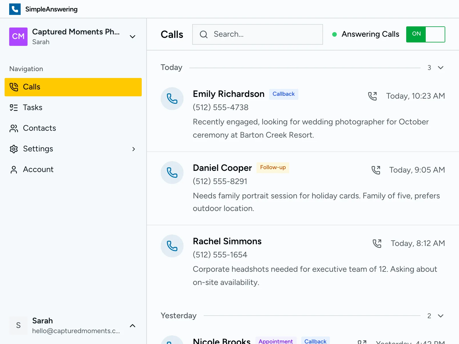 Dashboard showing all your photography booking inquiries in one place