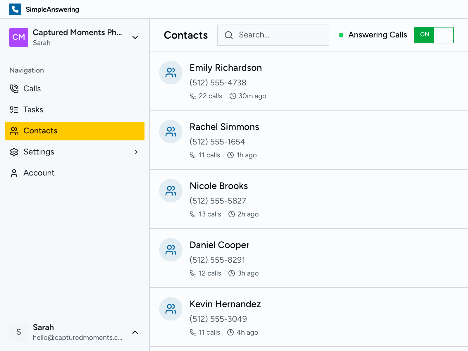 Detailed call summary with client information and session preferences