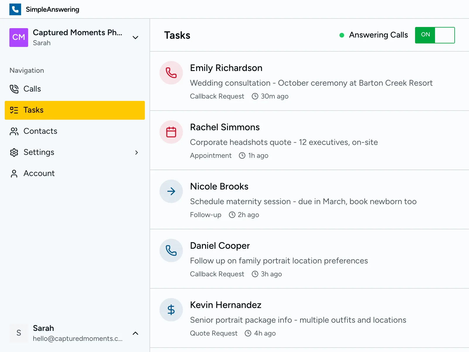 Task list showing follow-up actions for photography leads