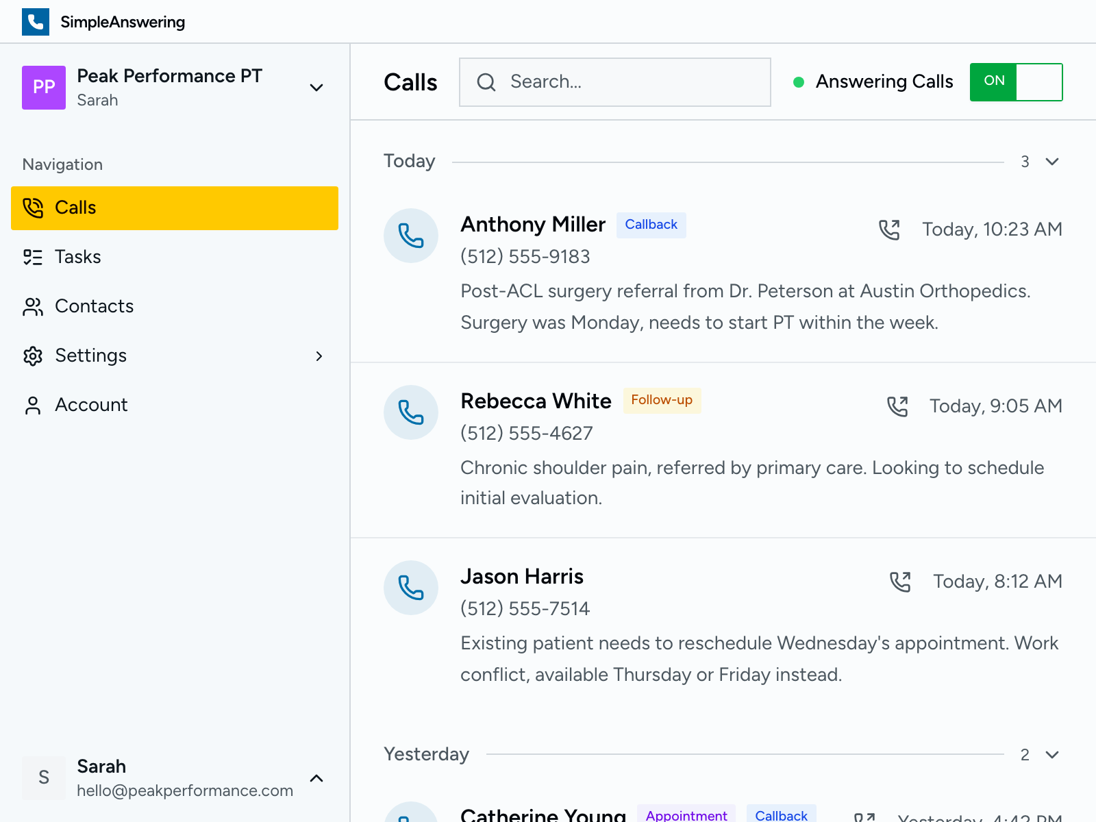 Calls dashboard showing recent calls with summaries