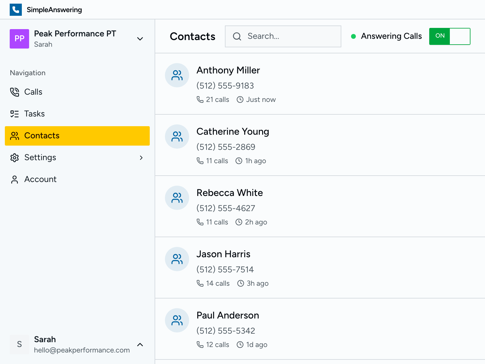 Contacts list with call history