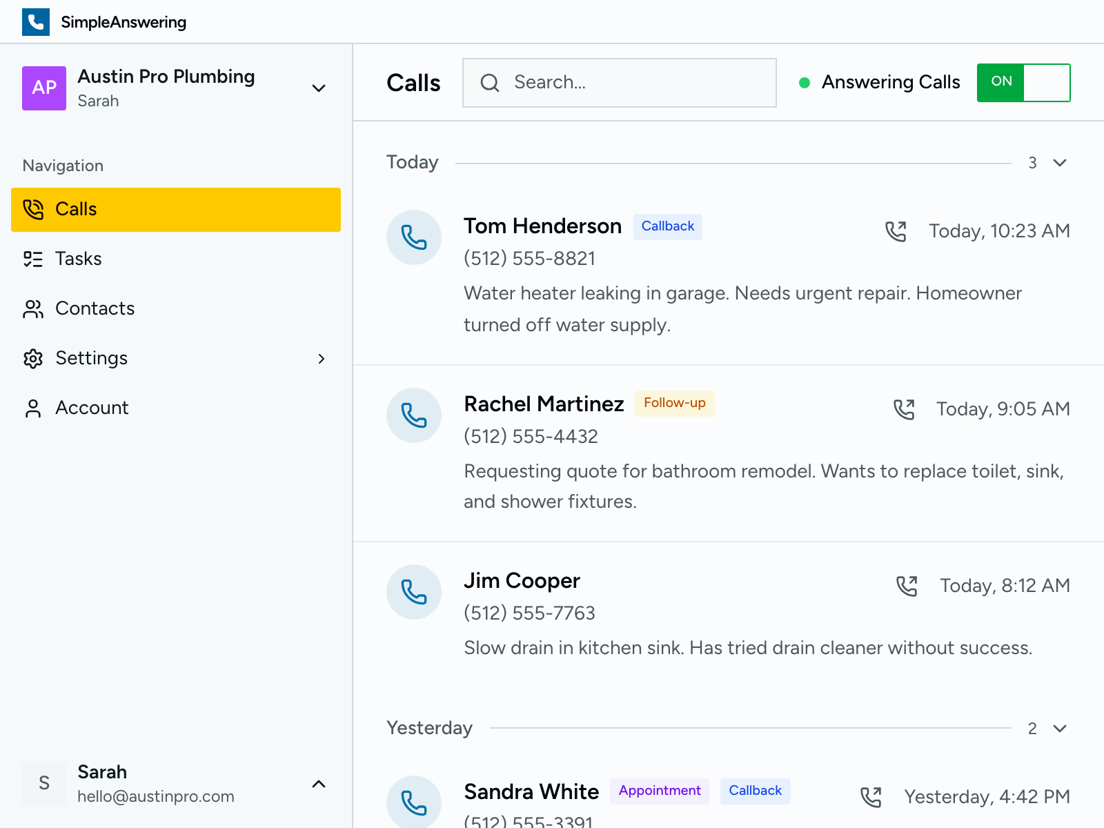 Calls dashboard showing recent calls with summaries