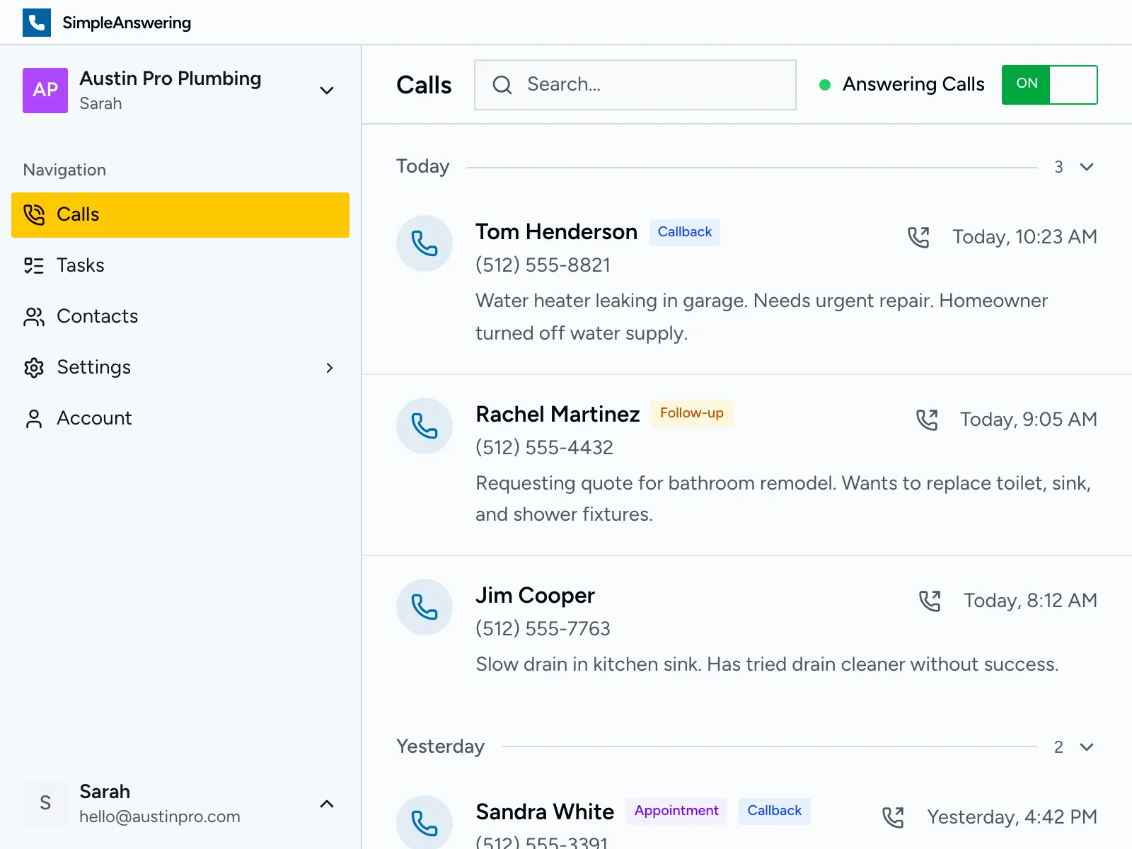 Calls dashboard showing recent calls with summaries