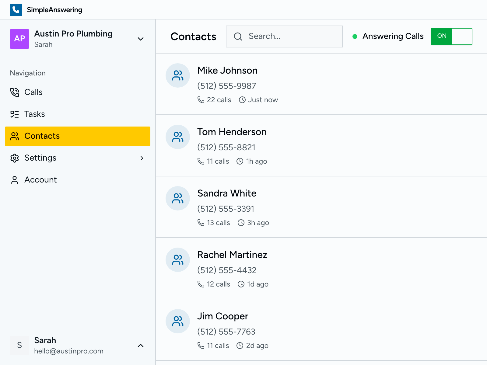 Contacts list with call history