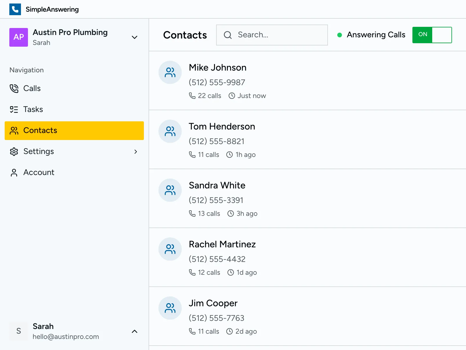 Contacts list with call history