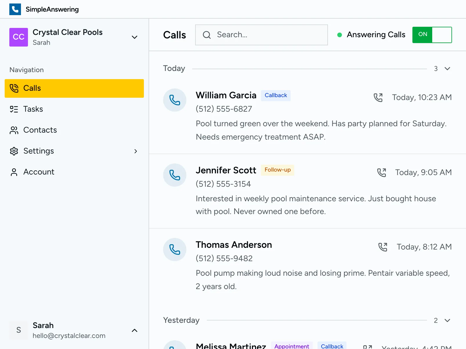 Dashboard showing all your pool service calls organized and ready for follow-up