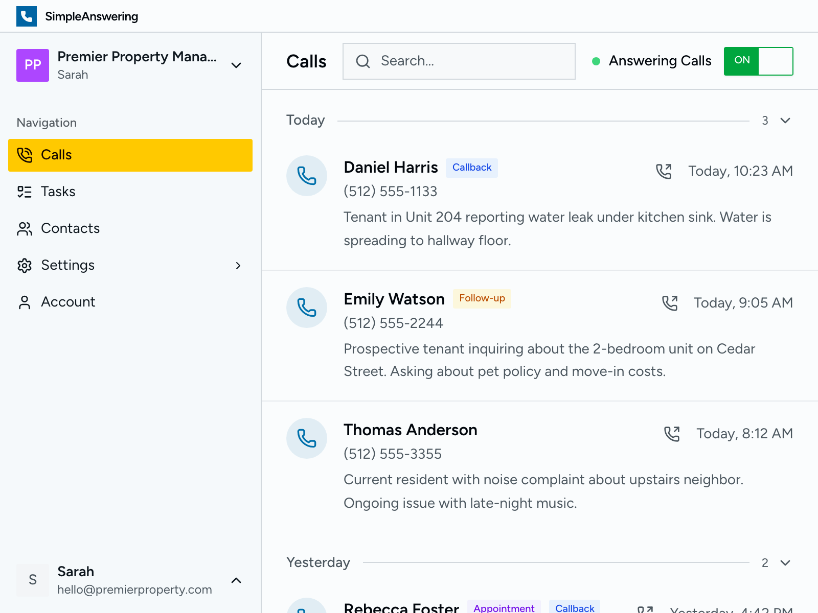 Dashboard showing recent tenant calls with summaries and status