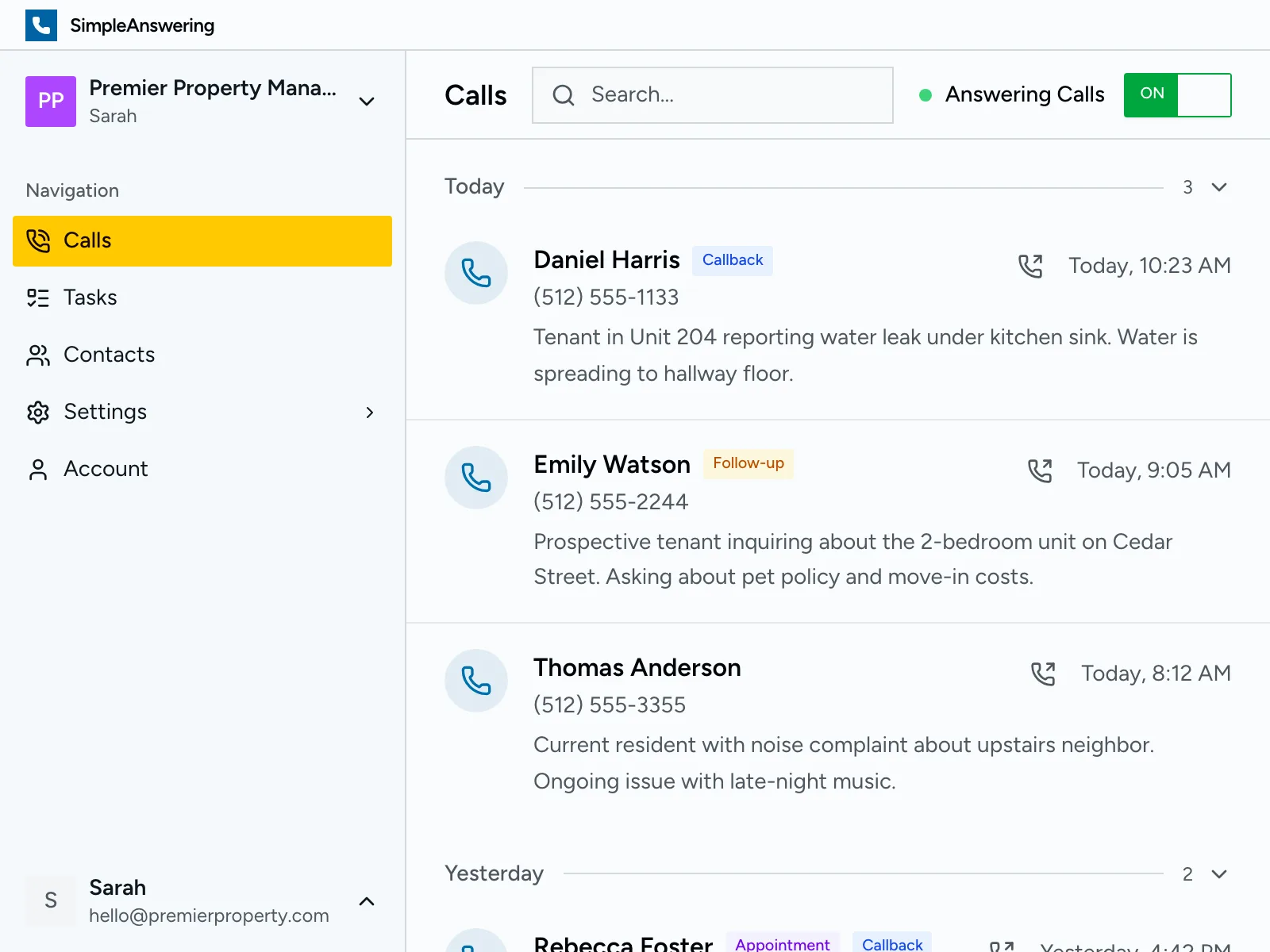Dashboard showing recent tenant calls with summaries and status