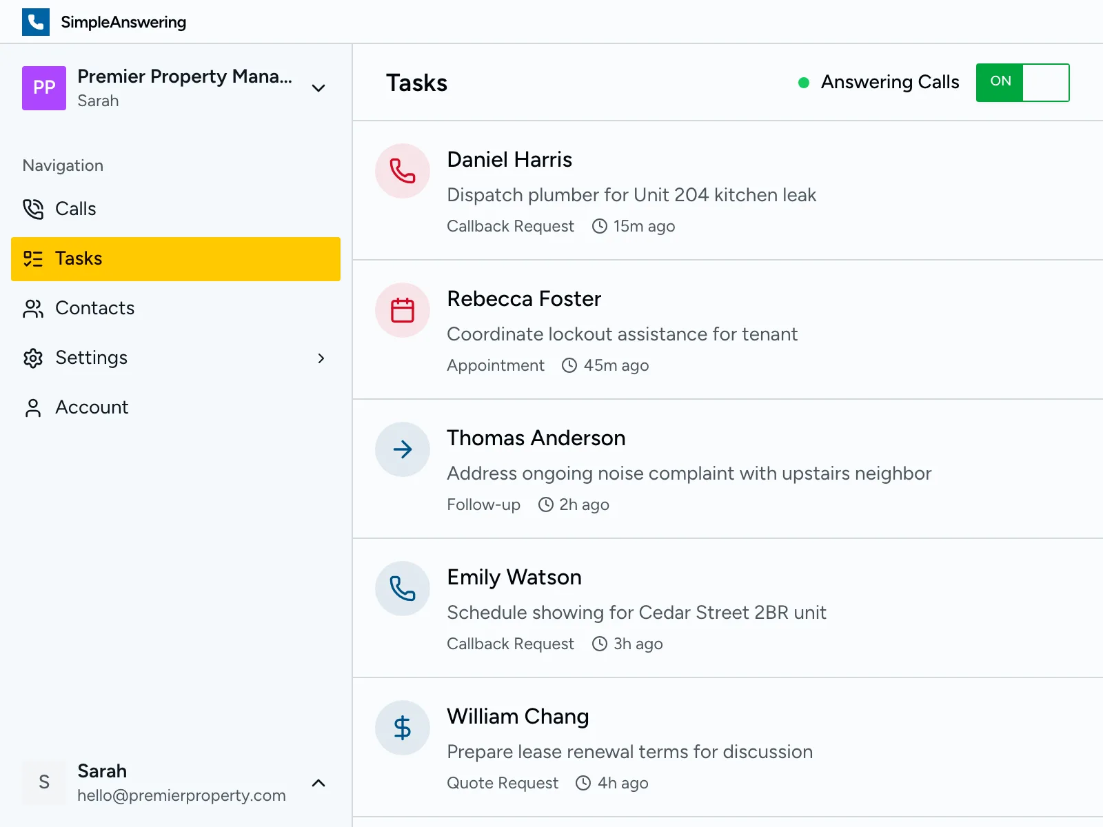 Task list showing maintenance requests and follow-up actions
