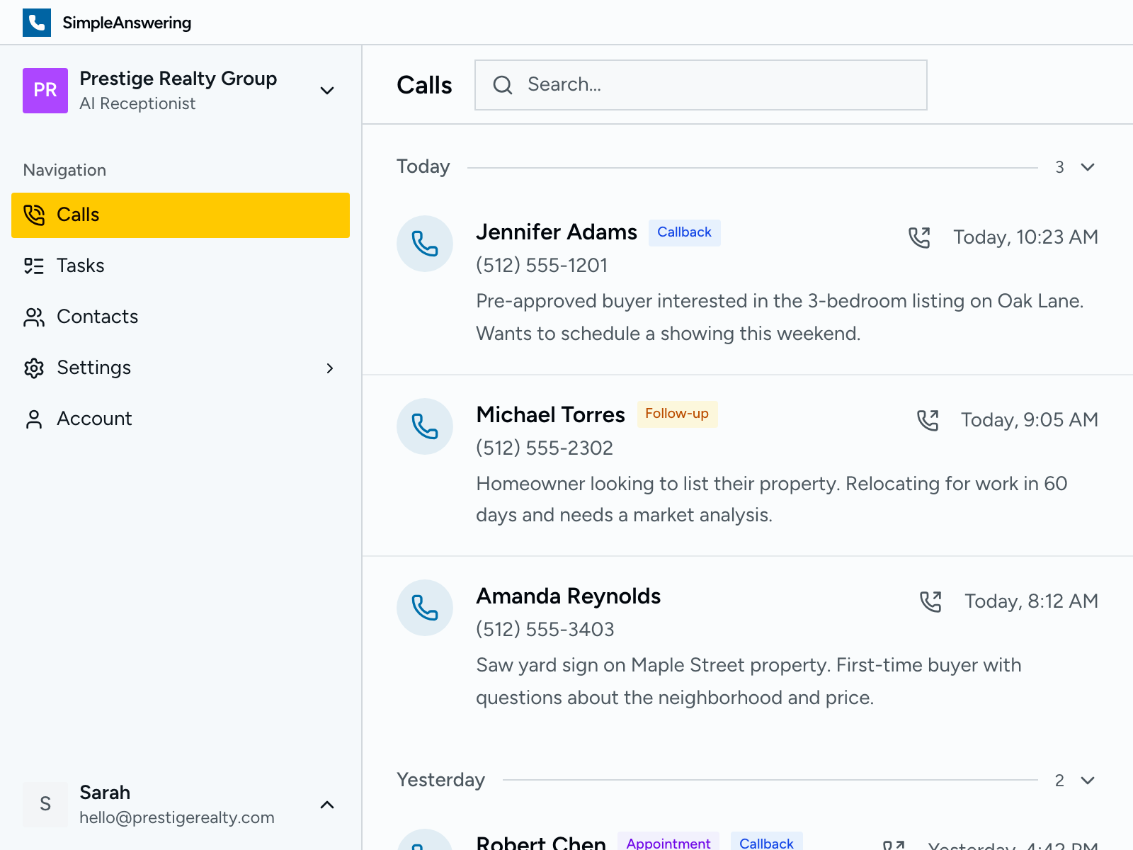Dashboard showing recent calls and lead details