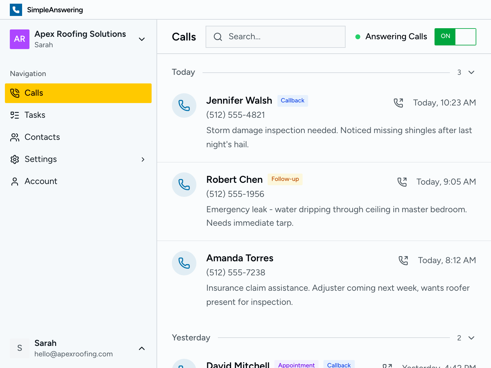 Calls dashboard showing recent calls with summaries