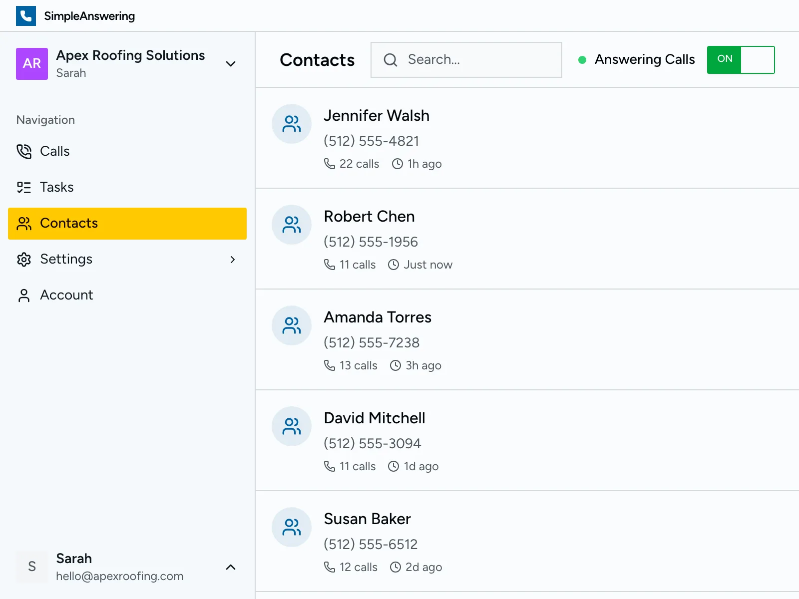 Contacts list with call history