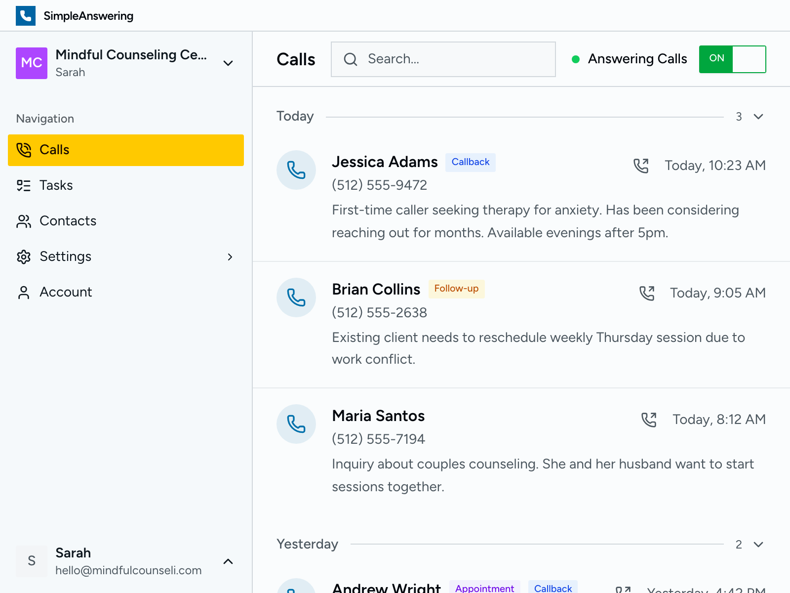 Calls dashboard showing recent calls with summaries