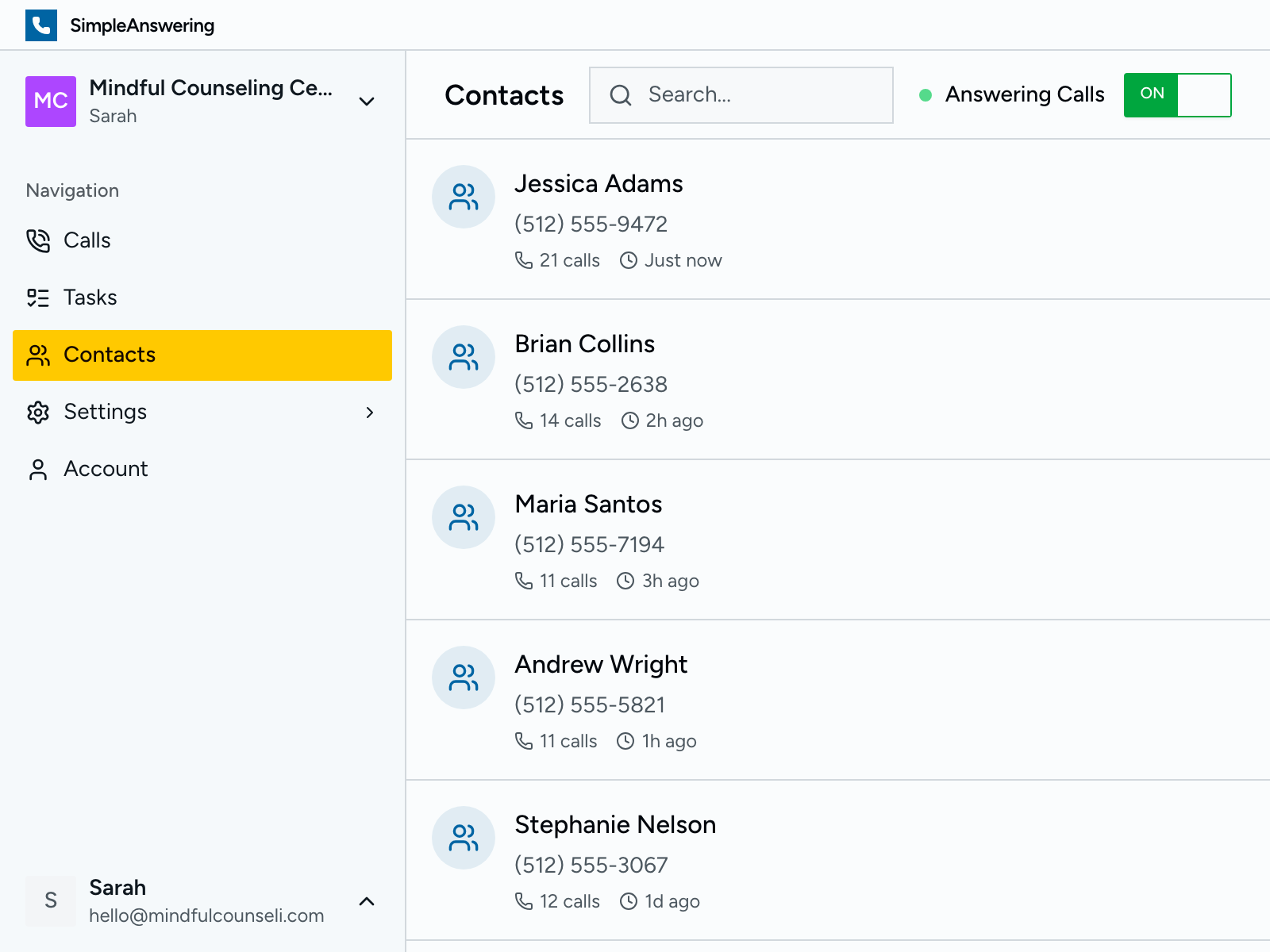 Contacts list with call history