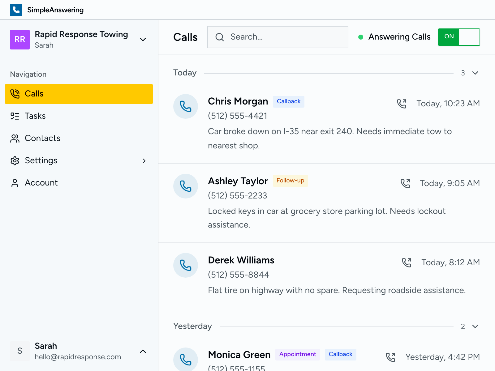 Calls dashboard showing incoming tow requests with locations