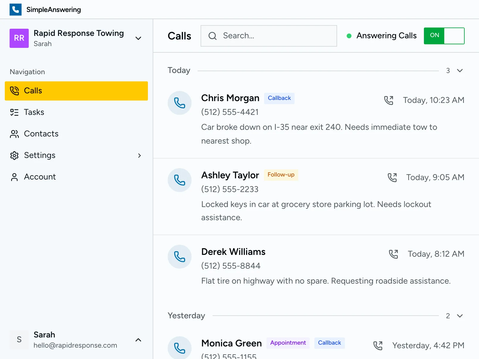 Calls dashboard showing incoming tow requests with locations