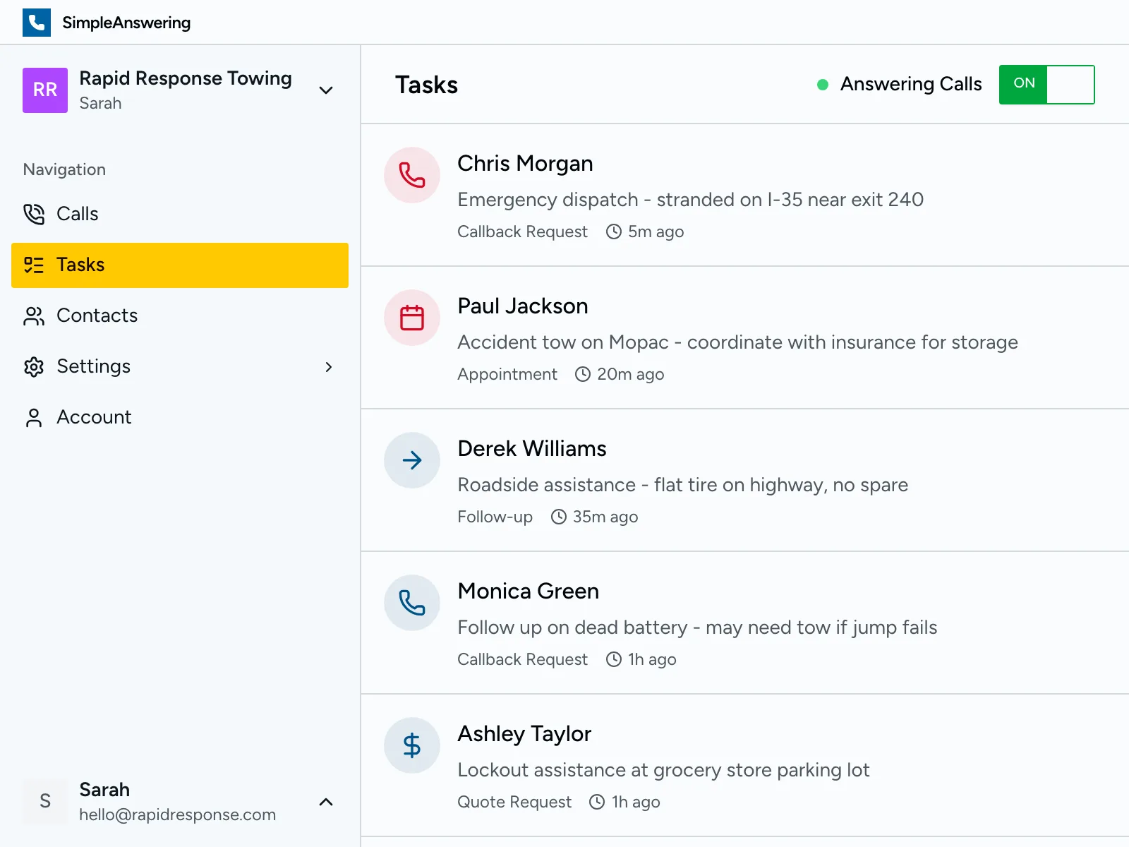 Task list showing tow jobs with priority flags
