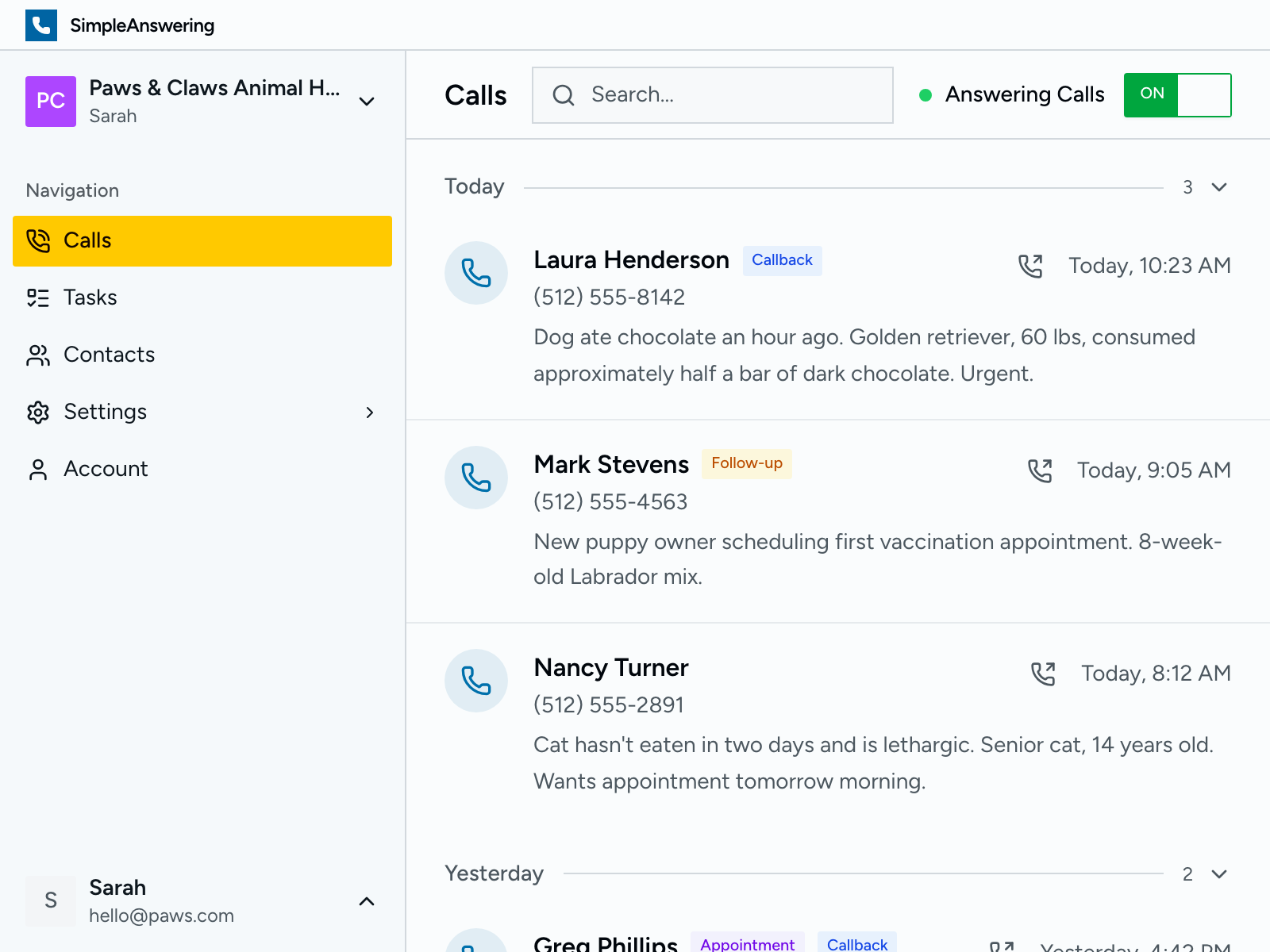 Calls dashboard showing recent calls with summaries