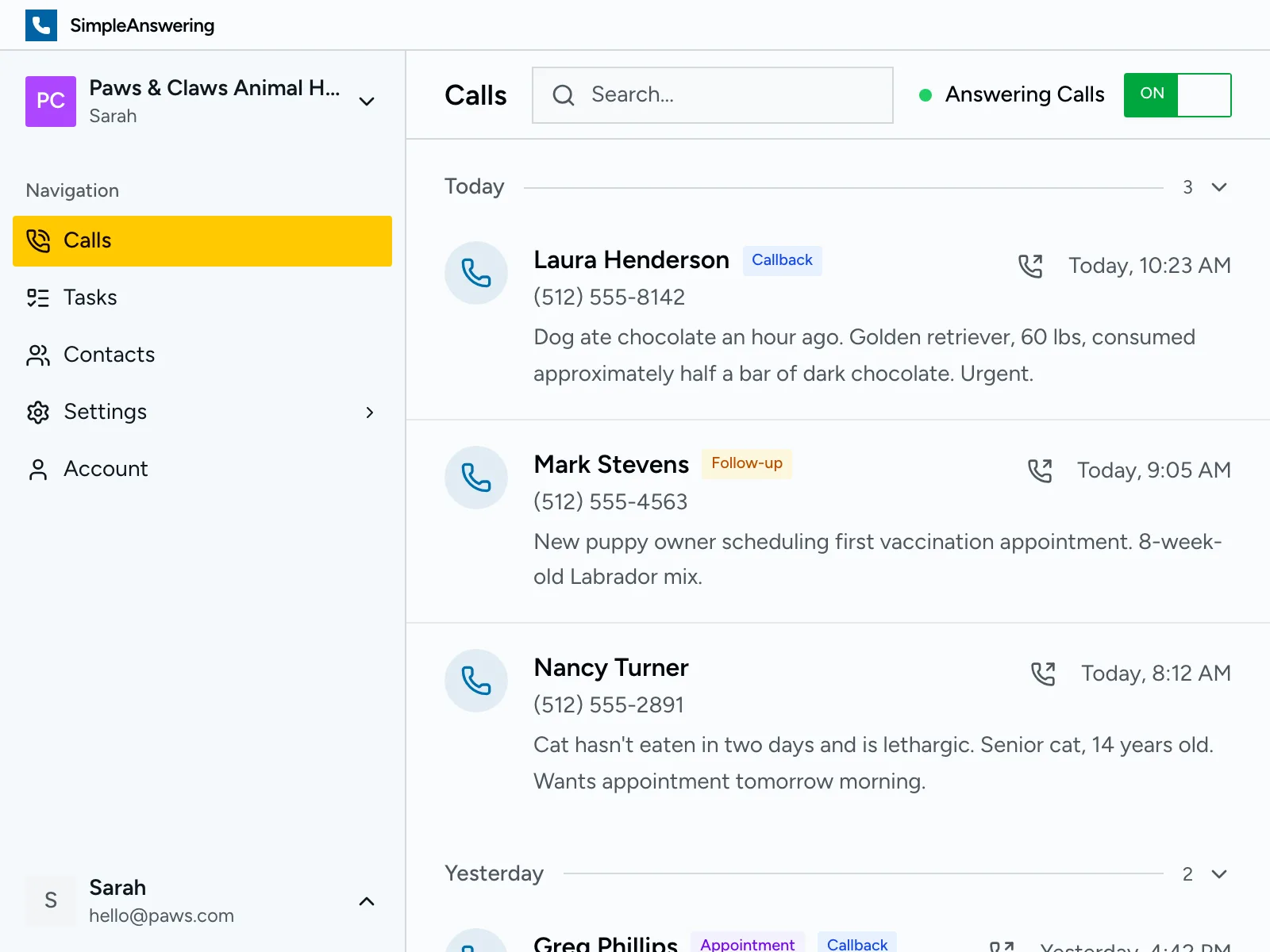 Calls dashboard showing recent calls with summaries