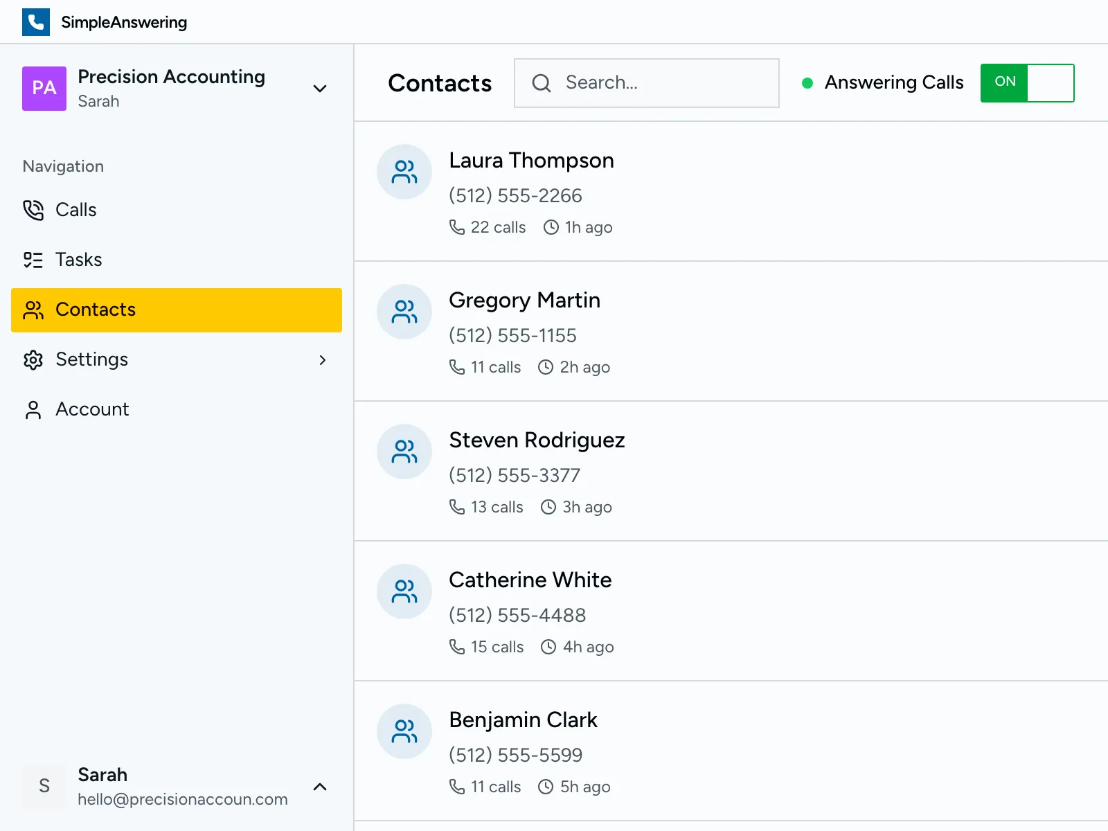 Contacts list with call history