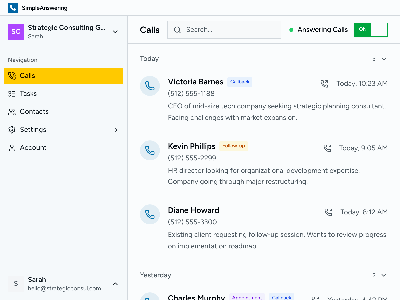 Calls dashboard showing recent calls with summaries