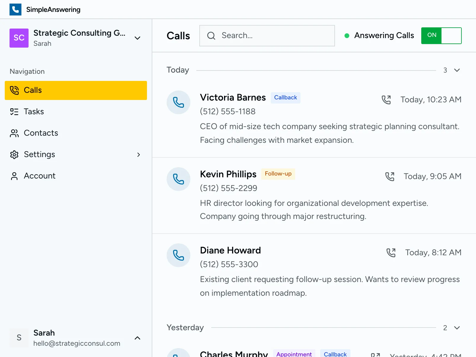 Calls dashboard showing recent calls with summaries