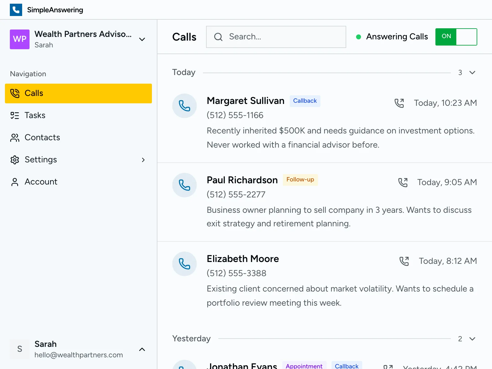 Calls dashboard showing recent calls with summaries