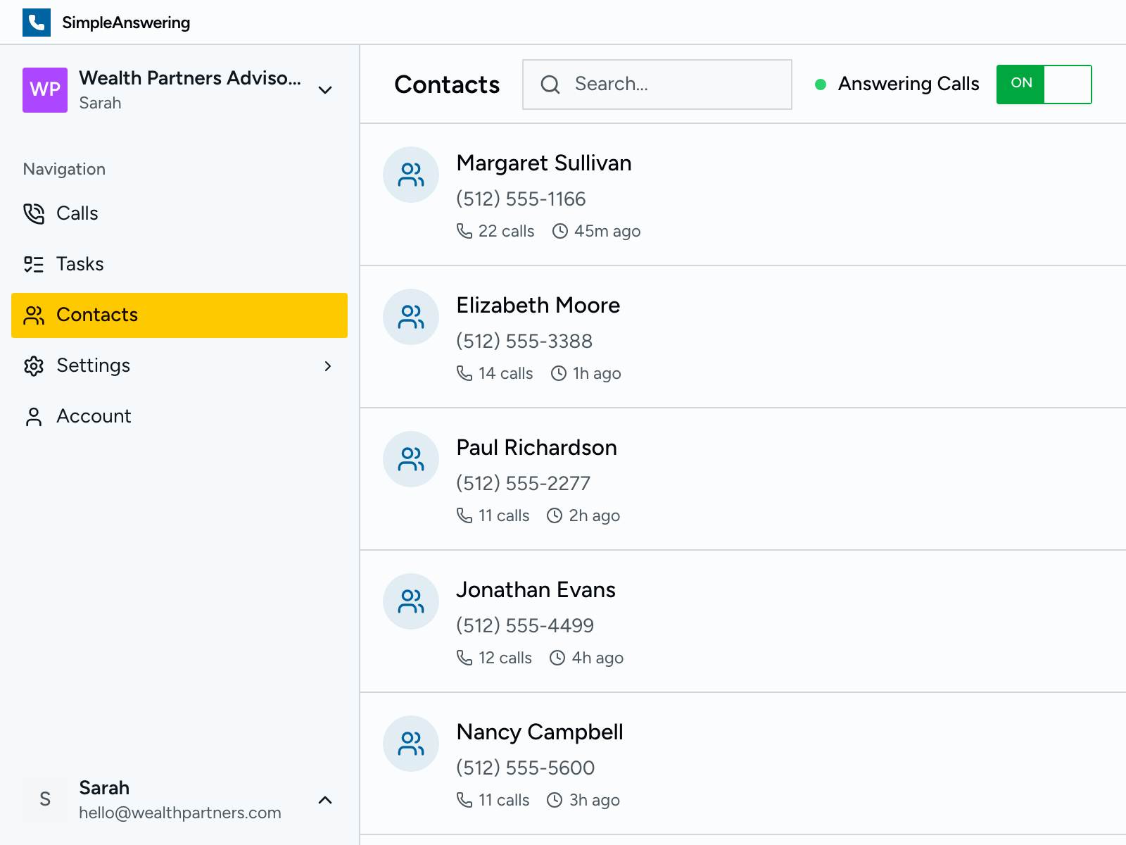 Contacts list with call history