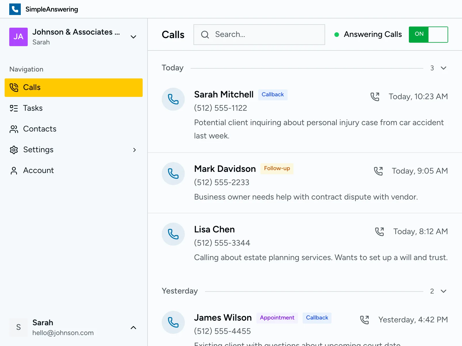 Calls dashboard showing recent calls with summaries