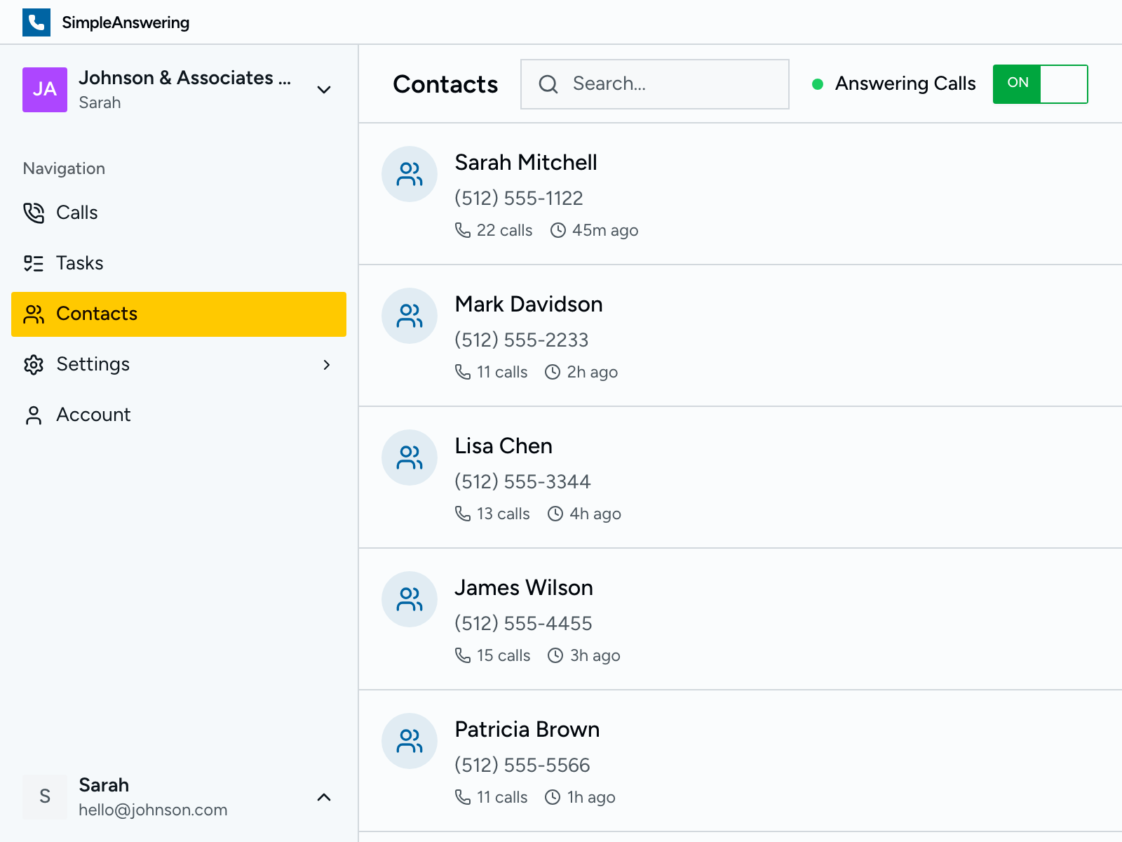 Contacts list with call history